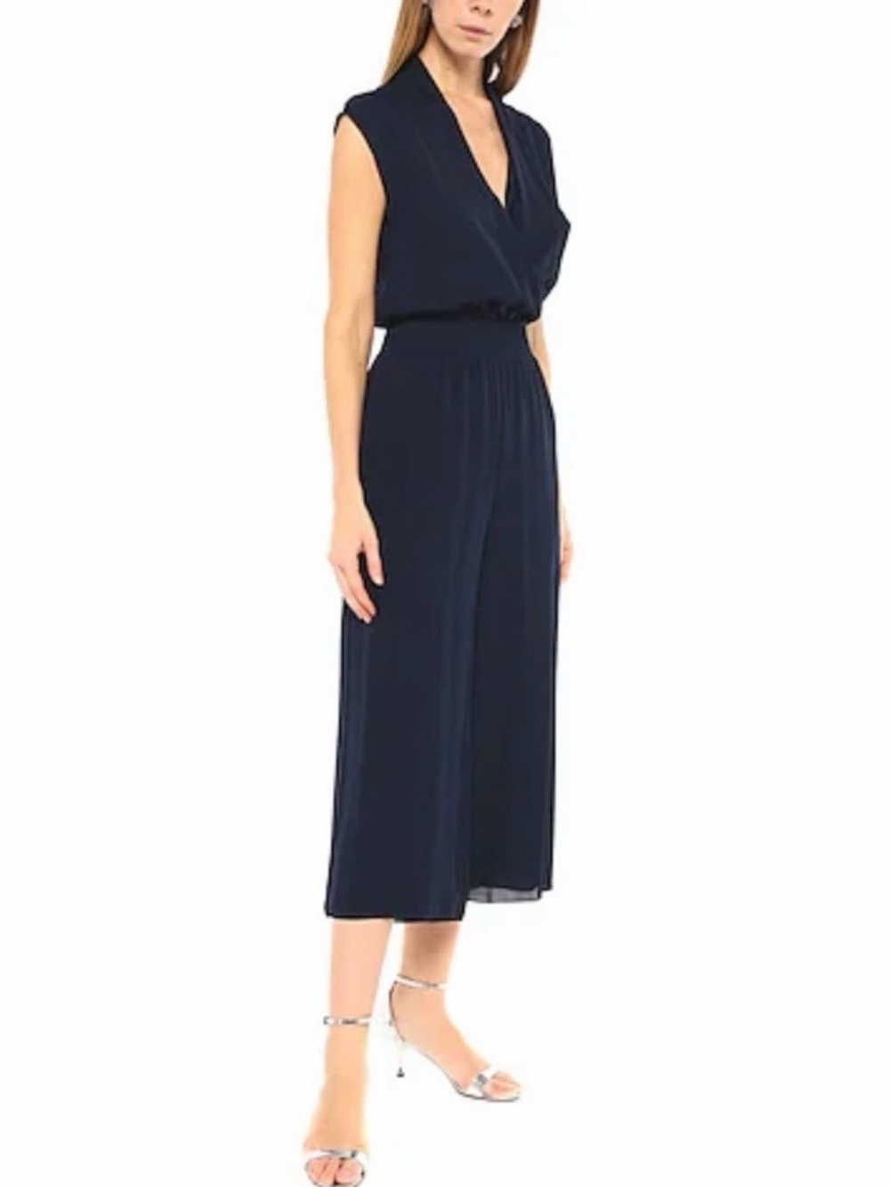 Theory Draped Combo Wide Leg Silk Jumpsuit in Deep Navy - Size Medium
